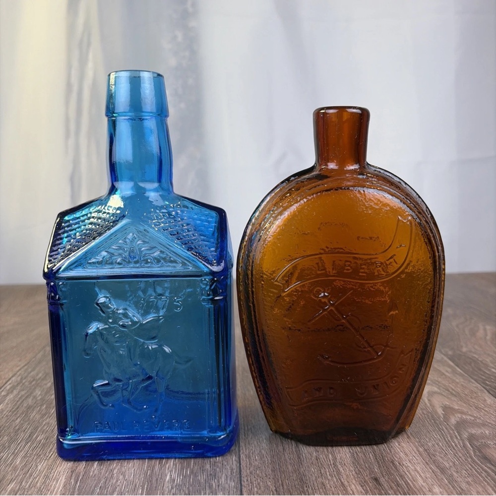 Lot of 2 MCM Vtg Bottles Vases Colored Glass Amber Cobalt Blue Wheaton Liberty